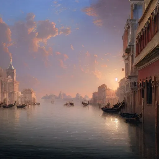 Image similar to a large serene beautiful matte painting of a large venetian harbor upon a calm bay, by asher brown durand and greg rutkowski, featured on artstation, blue and orange color scheme