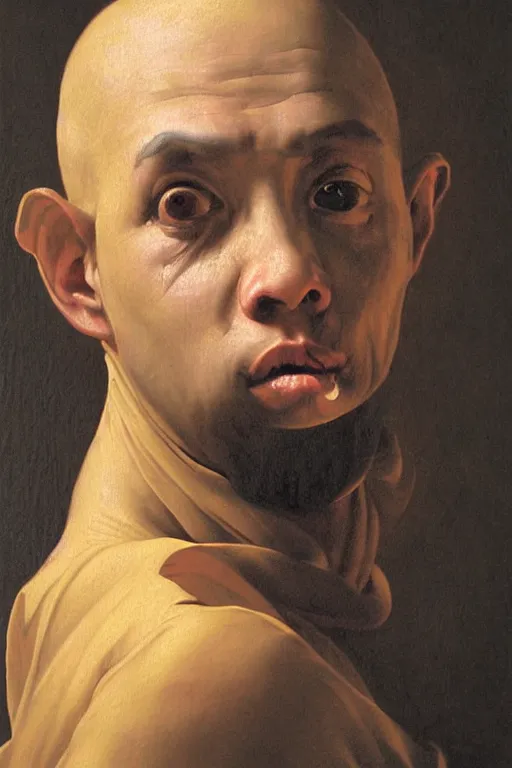 Image similar to Baroque painting of a Monk, inspired by Gustav Moreau and Wayne Barlowe, exquisite detail, hyper realism, ornate, exquisite detail, cute face