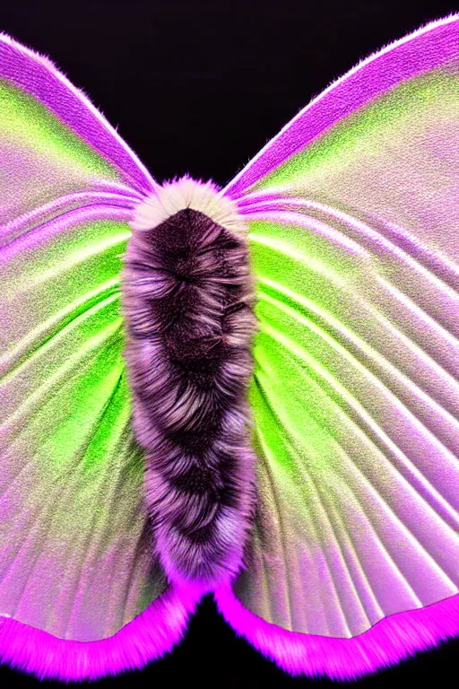 Image similar to high quality macro photo pearlescent furry moth! jeweled gorgeous! highly detailed david ligare elson peter cinematic purple neon lighting high quality low angle hd 8k sharp shallow depth of field