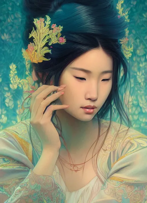 Image similar to beautiful young Asian woman, gorgeous face, sad eyes, tears, vaporwave aesthetic, synthwave, , colorful, intricate, elegant, highly detailed, digital painting, artstation, concept art, smooth, sharp focus, illustration, art by artgerm and greg rutkowski and alphonse mucha