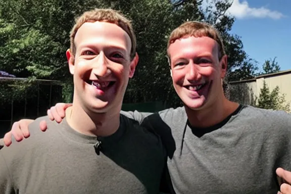 Prompt: a photo of mark zuckerberg smiling with an ak - 4 7 in a suburban neighborhood