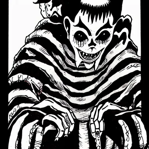 Image similar to full body portrait of villainous jester, dark, twisted, manga, comic, by junji ito. twisted. horror.