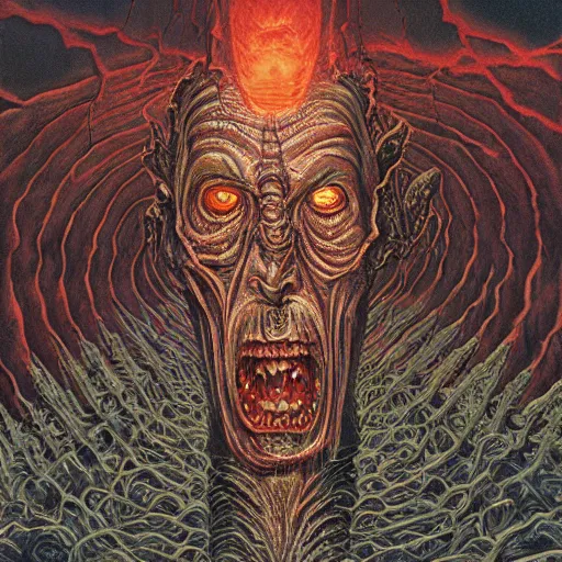 Image similar to a grand scale matte painting of a skinned man in hell by clive barker and alex grey and michael whelan