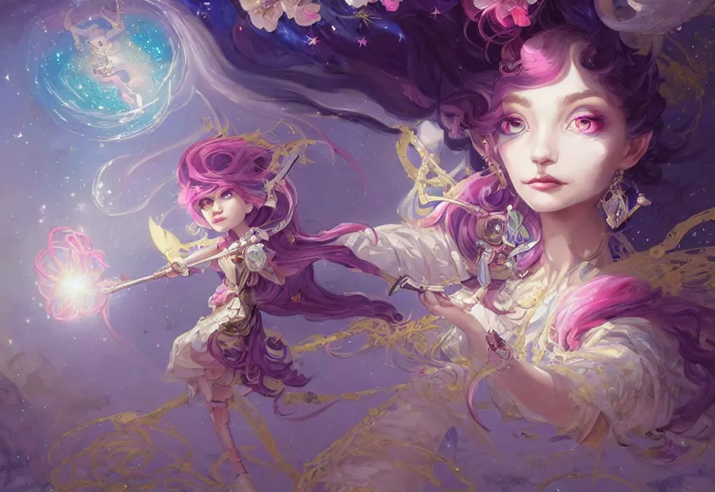 Image similar to close up picture of an maximalist dress magical girl, neat hair with bangs, smug face, extremely beautiful and aesthetic and detailed cute face and eyes, wipe out evils with cute astronaut familiar sprites, aming the magical beams to the camera, chiaroscuro, intricate, masterpiece, epic fantasy illustrations by peter mohrbacher and anato finnstark and jeremy lipking