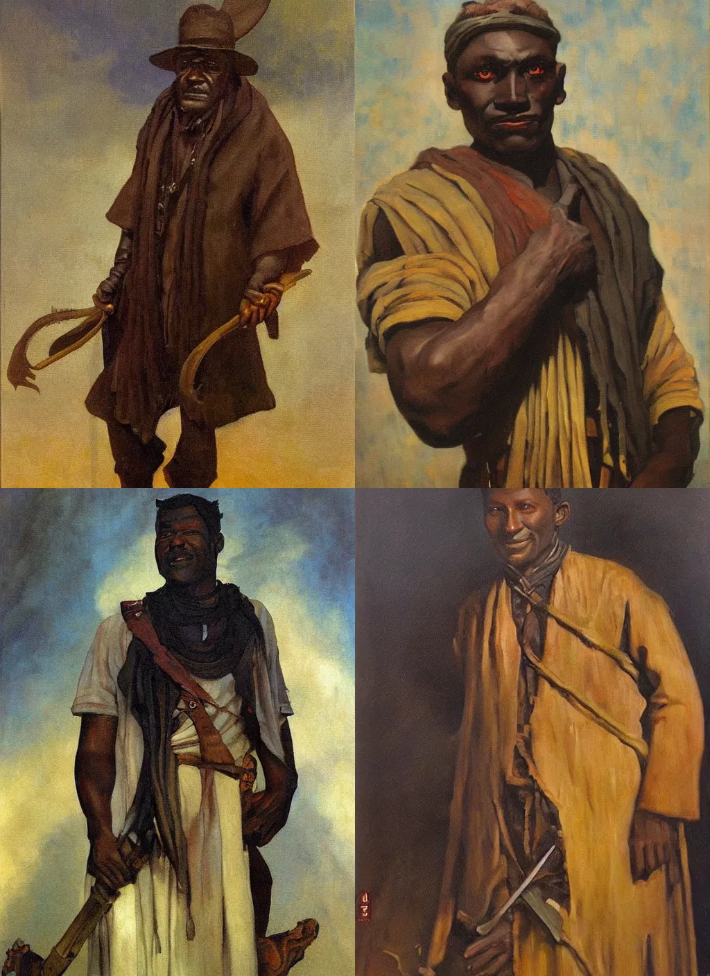 Prompt: Fantasy painting, oil on canvas Dark skin man portrait, loose fantasy clothing, happy, by N.C Wyeth,