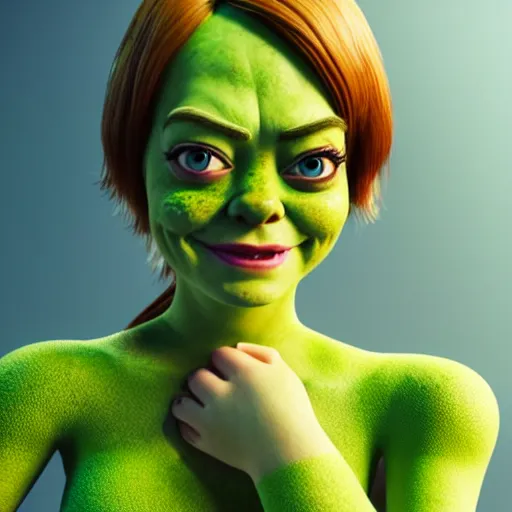 Image similar to Emma Stone as a female version of Shrek, she has shrek nose, long pointy ears features, with green skin, fully detailed, high quality , 4k , octane render , soft lightening , masterpiece