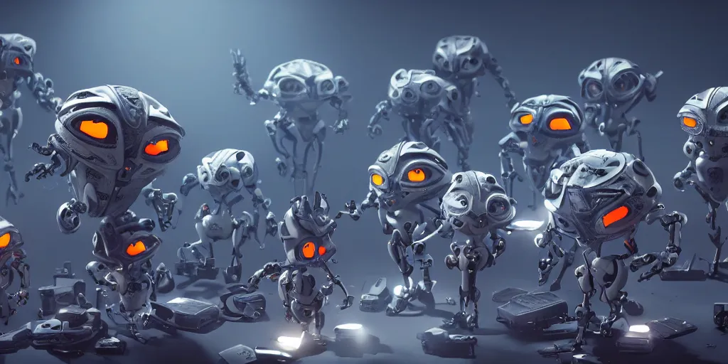 Image similar to an army of evil, malevolent, robot mechincal owls using computers. this 4 k hd image is trending on artstation, featured on behance, well - rendered, extra crisp, features intricate detail and the style of unreal engine. volumetric lighting