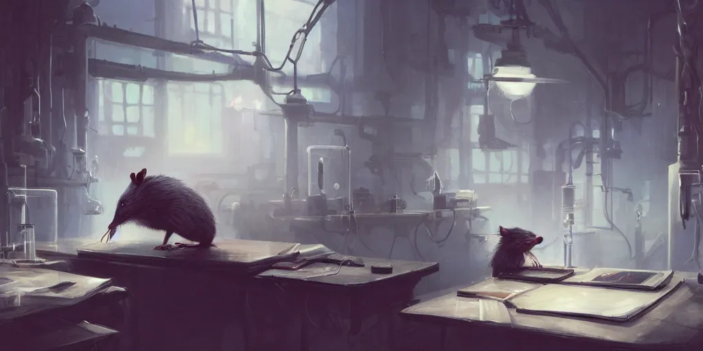 Image similar to humanoid rat in a laboratory sitting at a desk with lots of flasks filled with magic liquids and poisonous fog, stephen bliss, unreal engine, fantasy art by greg rutkowski, loish, rhads, ferdinand knab, ilya kuvshinov, rossdraws, tom bagshaw, global illumination, radiant soft light, detailed and intricate environment