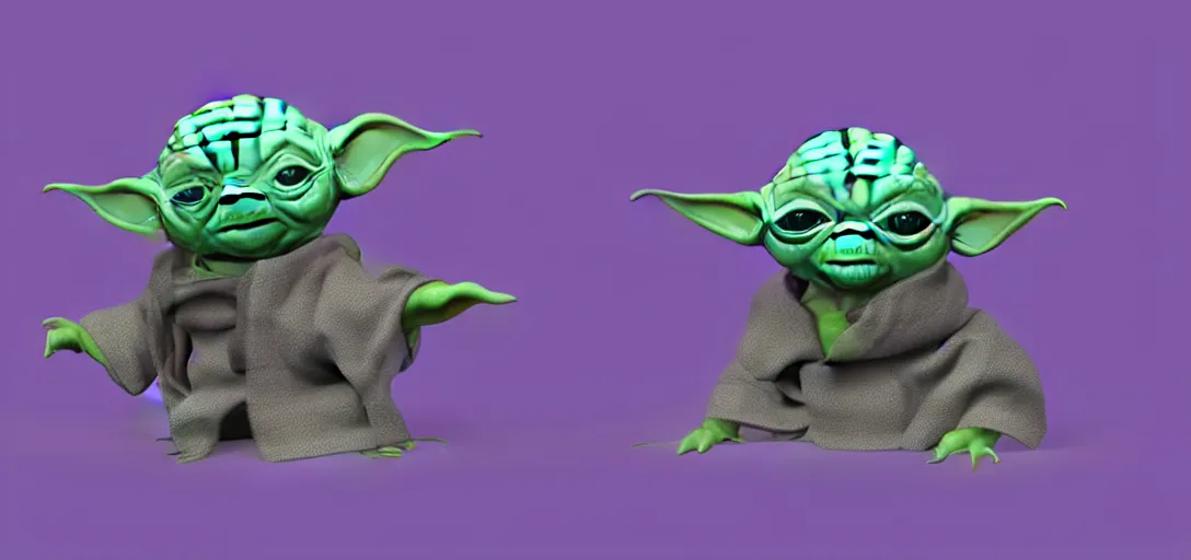 Prompt: a 3d render of tiny yoda on a purple background