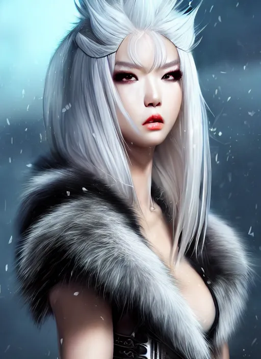 Image similar to ! dream barbarian, jackson wang, fierce, big muscles, fur leather armor!!! beautiful and elegant white hair female!! gorgeous ayes!! character concept art, sharp focus, octane render! unreal engine 5! highly rendered!! trending on artstation!! detailed linework!! illustration by artgerm, wlop, and chie yoshii