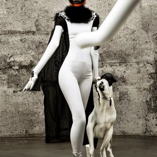 Image similar to fashion photography of an extraterrestrial model, holding a white doberman, wearing demobaza fashion, inside berghain, berlin fashion, harness, futuristic fashion, dark minimal outfit, photo 3 5 mm leica, hyperdetail, berghain, 8 k, very detailed, photo by nick knight