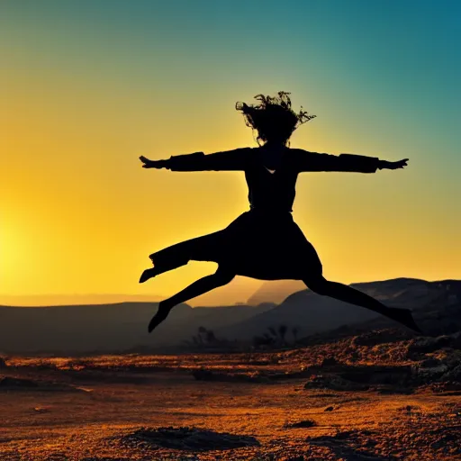 Image similar to cinematic still of silhouette of woman in Biblical clothing jumping for joy, beautiful middle eastern landscape with sunrise behind, Biblical epic movie directed by Steven Spielberg