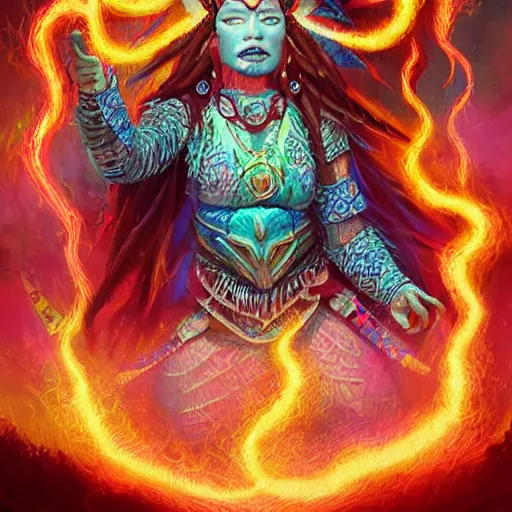 Prompt: shaman casting a lightning spell, d & d style, trending on artstation, colorful, intricate, art by kev chan