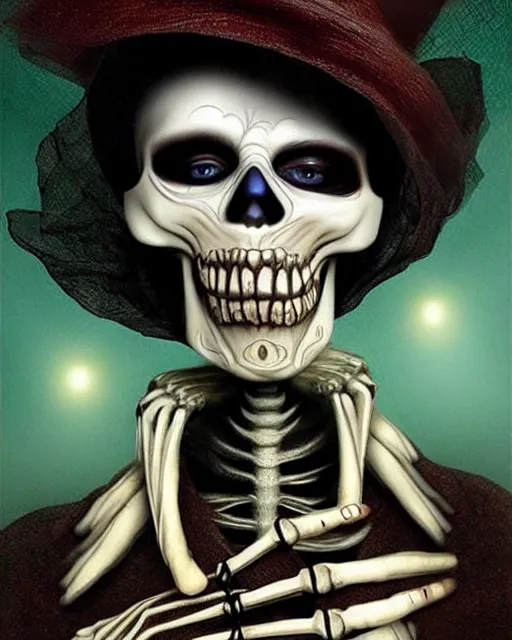 Image similar to halloween skeleton theme surrealist art in the styles of igor morski, jim warren, and a tim burton film, intricate, hyperrealistic, accurate facial details, profile picture with chromakey!!!!! background, volumetric lighting