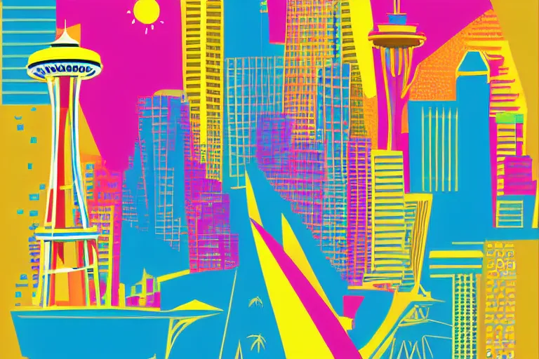 Prompt: !! vector art!! seattle in a sunny day, artwork by tooth wu, colorful contrast,!!!! very coherent!!!!, dark shadow, thick lineart