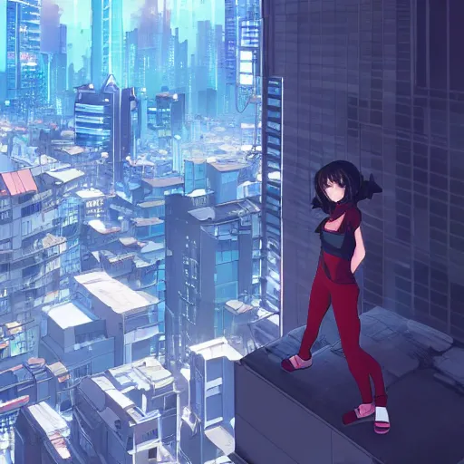 Image similar to a girl stands on top of a multi-storey building, anime style, 4k, cyberpunk city in the background, very detailed, by Ilya Kuvshinov