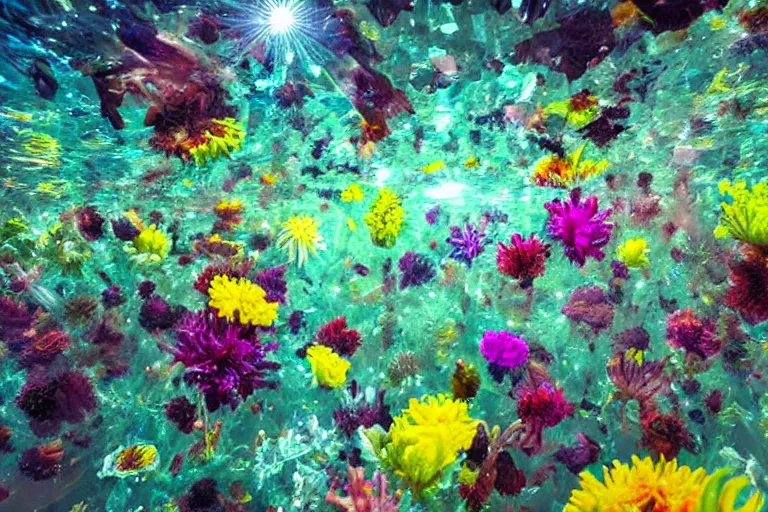 Prompt: alien flowers in a bright underwater crystal cave