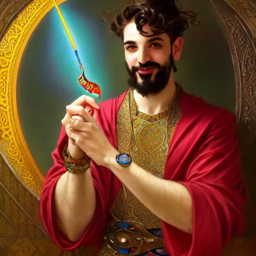 Prompt: charming tailor of middle - eastern descent, dressed in fine colorful robes and jewelry over fantasy armor, goatee, smirking, holding a magic needle, fantasy art by barret frymire by artem priakhin, art by artgerm and greg rutkowski and alphonse mucha, artstation, matte, illustration, intricate, highly - detailed high resolution