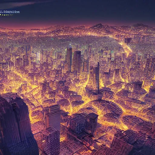 Prompt: A beautiful hyper realistic detailed matte 3D painting of Japanes mega city on a mountain at night by Mike Winkelmann, István Sándorfi, Piotr Fox Wysocki, unreal engine, octane render, super wide angle, featured on behance, Trending on artstation, good focus, pinterest.