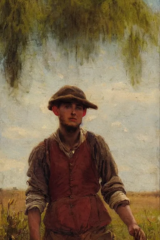 Image similar to Solomon Joseph Solomon and Richard Schmid and Jeremy Lipking victorian genre painting full length portrait painting of a young peasant farmer working in the field, red background