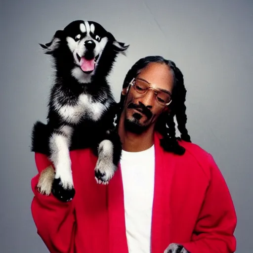 Image similar to Snoop Dogg holding a Husky for a 1990s sitcom tv show, Studio Photograph, portrait, C 12.0