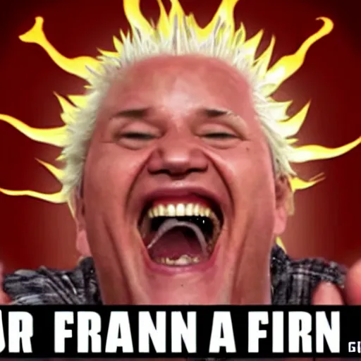 Prompt: crazy eyed demon laughing very hard at a can of spam, guy fieri, the pope, fifty cent