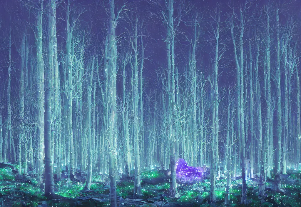 Prompt: A forest of crystal formations at night, very dark with green lights, blue lights and purple lights, oil painting, dramatic lighting, Jakub Kasper, Makoto Shinkai, hyperrealistic, cinematic, elegant, intricate