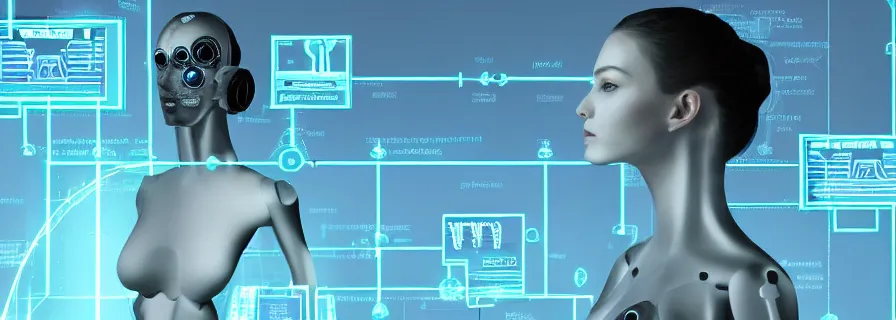 Image similar to very very very beautiful female accompanying global anthropomorphic artificial intelligence, blueprint