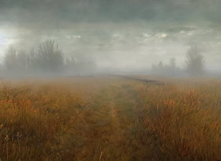 Prompt: rusty old railroad rails, in the steppe, autumn field, misty background, from the game pathologic 2, highly detailed, sharp focus, matte painting, by isaac levitan and asher brown durand,