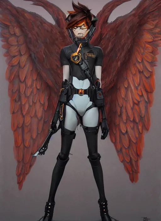 Image similar to full body artwork of tracer overwatch wearing leather collar in style of zdzisław beksinski, angel wings, dramatic painting, symmetrical composition, wearing detailed leather collar, black shiny armor, chains, black harness, detailed face and eyes,