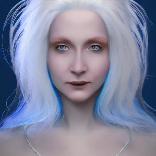 Image similar to a woman with white hair and blue eyes, a character portrait by Brian and Wendy Froud, trending on cg society, fantasy art, zbrush, airbrush art, digital painting