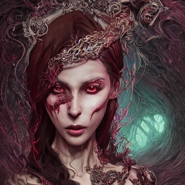 Image similar to the portrait of chaotic evil sensual female necromancer overlord as absurdly beautiful, gorgeous, elegant, sadistic young woman, an ultrafine hyperdetailed illustration by kim jung gi, irakli nadar, intricate linework, bright colors, octopath traveler, final fantasy, unreal engine 5 highly rendered, global illumination, radiant light, detailed and intricate environment