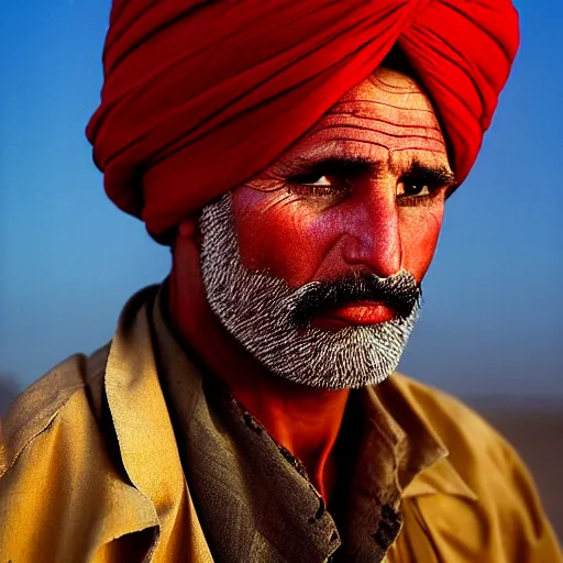 Image similar to portrait of president donald trump as afghan man, green eyes and red turban looking intently, photograph by steve mccurry