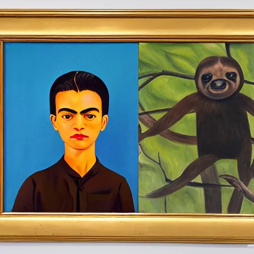 Prompt: oil painting, portrait of a boy with a sloth in a vintage office, mid - century modern design, painting by frida kahlo ( 1 9 3 2 ), from mexican modernism exhibition