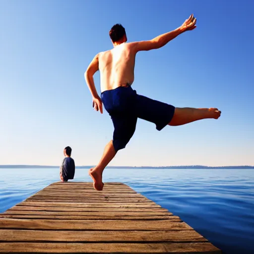 Prompt: fish jumping out of a lake at a man sitting peacefully on a dock