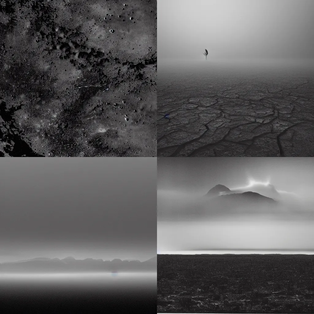 Prompt: A dimly lit alien landscape, high resolution, grayscale, with low-hanging clouds, fog, and puddles of black liquid.