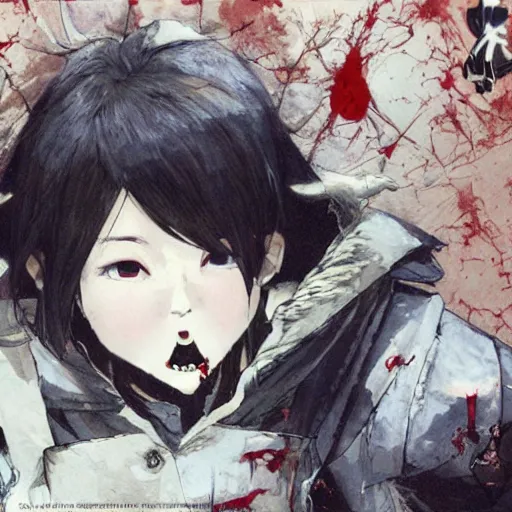 Prompt: cute japanese girl with small horns, sharp and pointy vampire teeth, dressed in an old white coat with faint blood stains, praying on the floor of a destroyed church, with her eyes and mouth closed and a smile, detailed artwork by Yoji Shinkawa