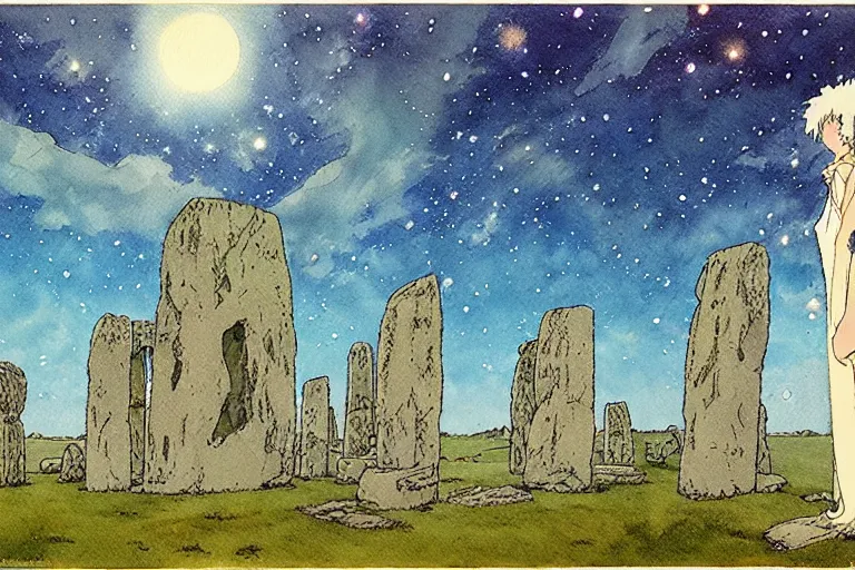 Prompt: hyperrealist studio ghibli watercolor fantasy concept art of a 1 0 0 ft. giant druid sitting on stonehenge. it is a misty starry night. by rebecca guay, michael kaluta, charles vess