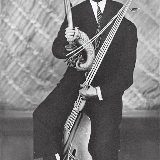 Prompt: octopus in a suit playing delta blues, 1 9 2 0 s, photograph