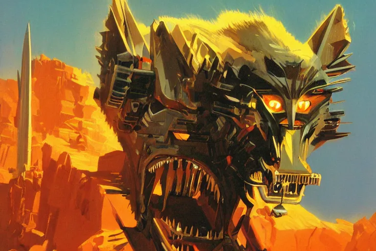 Image similar to face of a ferocious bionic werewolf robot with sharp teeth by Paul Lehr by Syd Mead