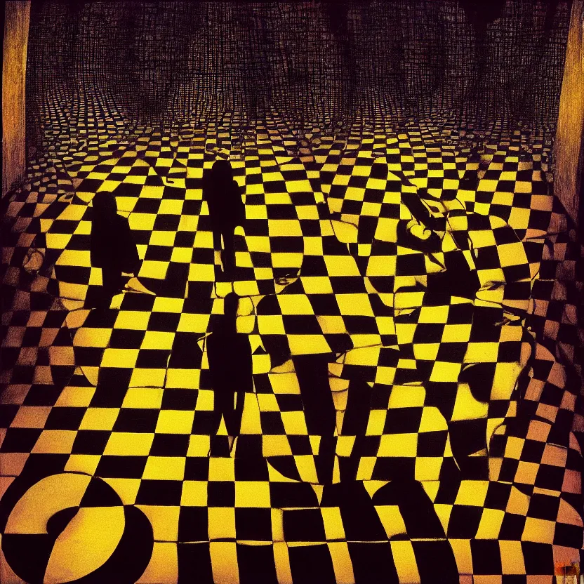 Image similar to realistic detailed image closeup of two people standing on top of a checkered floor, an album cover by syd barrett, tumblr, neo - expressionism, darksynth, nightmare, cosmic horror, fisheye view, artstation