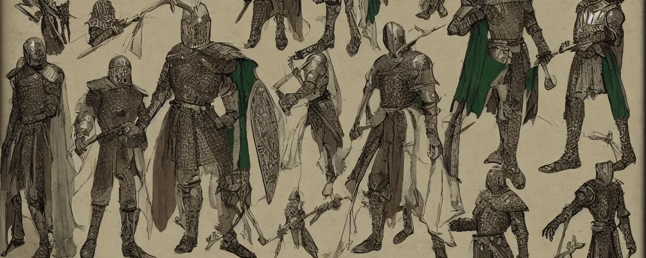 Prompt: A character sheet of full body medieval knight with brown long hair, black eyes, smug look, a green cloak and silver armor. Highly Detailed. Intricate. 4K.