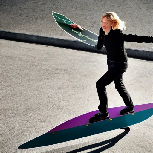 Image similar to cate blanchett skateboarding on a half pipe. photojournalism, wide angle lens, extremely detailed face, studio lighting