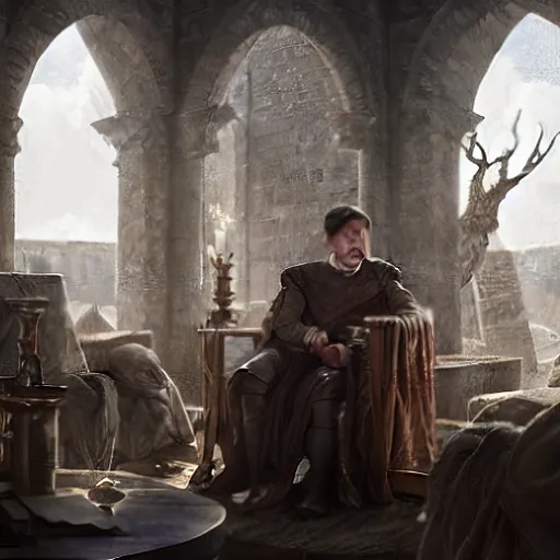 Prompt: michael mcintyre in a scene from game of thrones, anatomy, bathed in light, highly detailed, photorealistic, artstation, smooth, sharp focus, illustration, unreal engine 5, 8 k, art by artgerm and greg rutkowski and edgar maxence