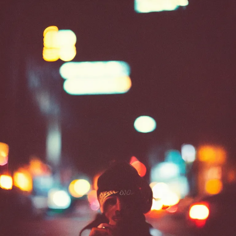 Prompt: analog medium format film bokeh street night flash photography close - up portrait in new york, 1 9 6 0 s hasselblad film street photography, featured on unsplash, blurry vintage expired colour film photograph