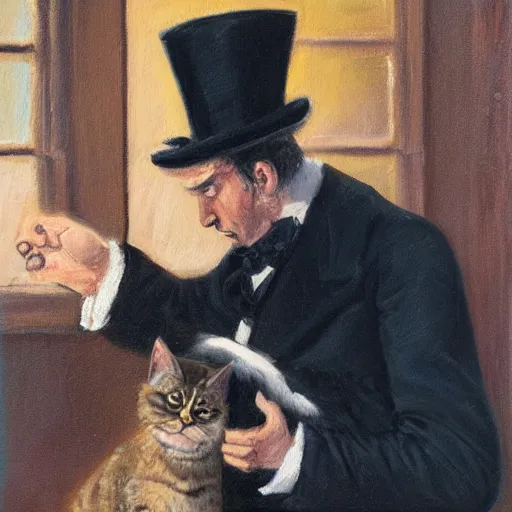 Image similar to an oil painting of a man in a factory looking at a cat wearing a top hat