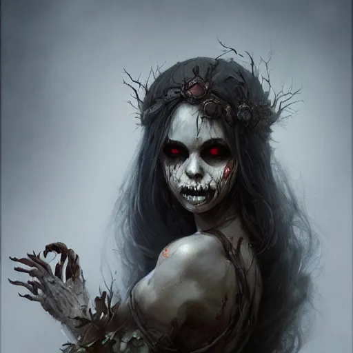 Image similar to detailed portrait of a cute undead zombie girl, beautiful, fantasy, intricate, elegant, highly detailed, digital painting, artstation, concept art, matte, sharp focus, illustration, art by aenaluck and roberto ferri and greg rutkowski, epic fantasy, digital painting