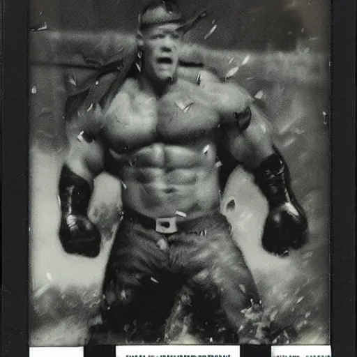Image similar to John Cena battling in the war, polaroid, photography, damaged, epic,