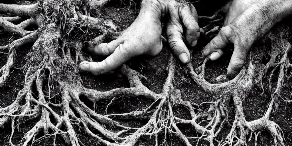 Image similar to ego perspective photography of own hands, rotting, getting overgrown by roots, forest, dolomites, alpine, detailed intricate insanely detailed octane render, 8k artistic 1920s photography, photorealistic, black and white, chiaroscuro, hd, by David Cronenberg, Raphael, Caravaggio