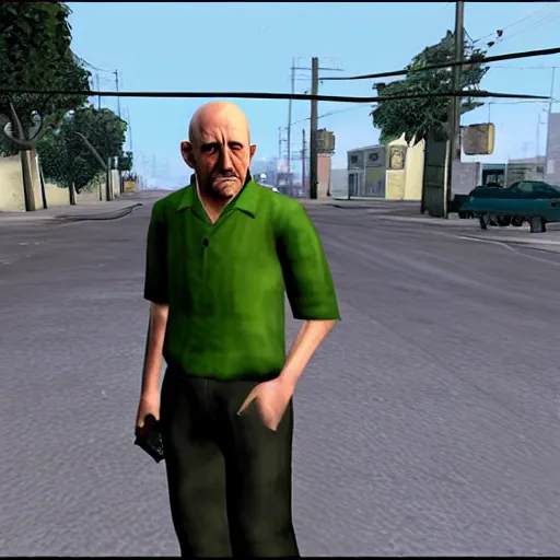 Image similar to Mike Ehrmantraut in Grove Street, screenshot from the PS2 version of GTA San Andreas